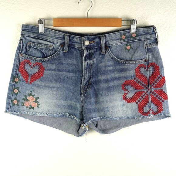 Lucky Brand Mid Rise Boyfriend‎ Denim Shorts 12/31 Floral Heart Embroidery - Picture 1 of 13